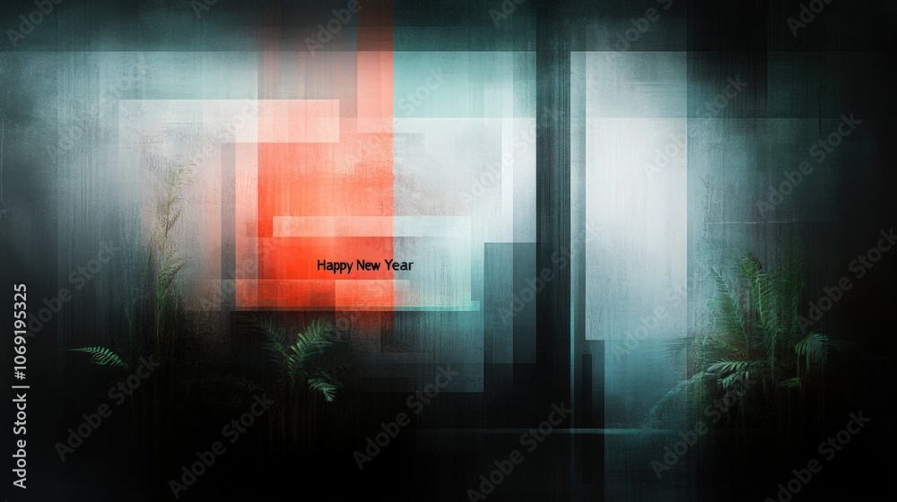Naklejka premium A modern, abstract composition featuring vibrant color blocks and a gentle overlay of nature, Ideal for New Year greetings, celebrations, or seasonal promotions in digital and print media,