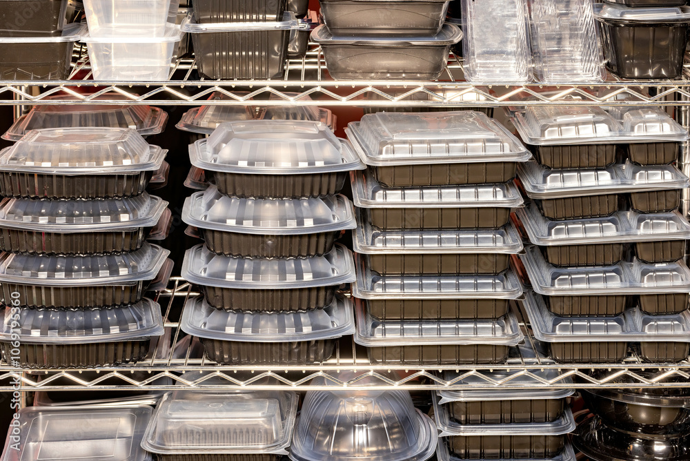 Organized stacks of transparent and opaque food storage containers in a commercial kitchen setting