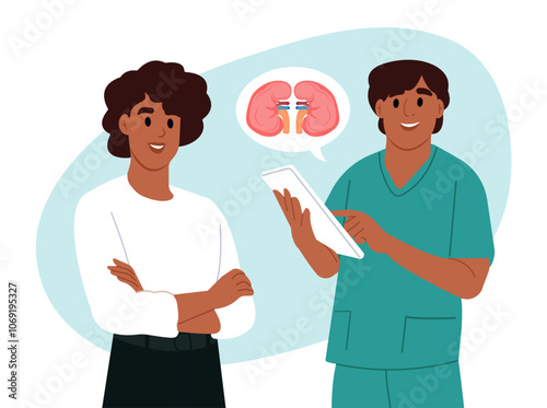 World Kidney Day. A nephrologist talks to a patient about kidney disease. African-American nephrologist, scientist researches glomerulonephritis, pyelonephritis, urolithiasis, polycystic