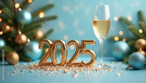 Festive greeting card with golden 2025, champagne glass, andblue golden Christmas ornaments on bokeh light blue background. Perfect for New Year.

 photo