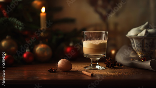 Cup of delicious Christmas egg nog with cream, nicely decorated with cinnamon, anise stars. Table with cozy winter decoration. Tasty cream beverage, Christmas time flavors. photo