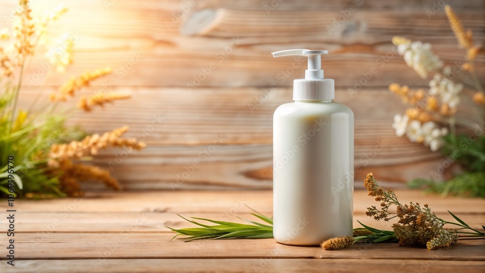 Bottle of moisturizing lotion for dry skin on rustic wooden table, surrounded by natural elements Bottle of moisturizing lotion for dry skin on rustic wooden table, surrounded by natural elements