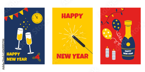 Happy New Year posters set. Minimal party flyer collection, brochure voucher template. Simple vector illustration in flat style