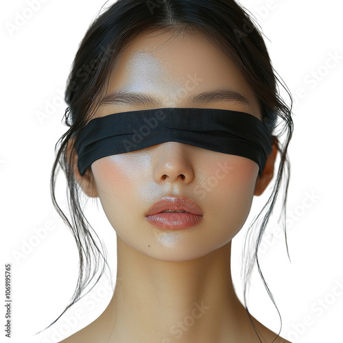 Asian girl with black blindfold on transparent backgroung, png file, no background