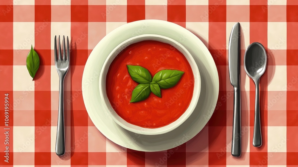 Tomato soup gazpacho in a served portion with cutlery on a checkered tablecloth inviting flat lay presentation