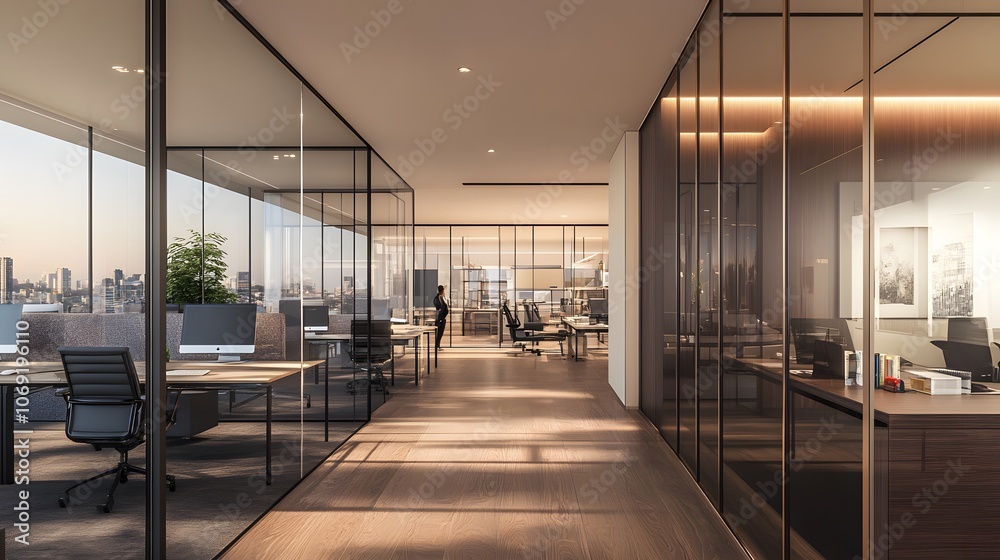 An open-plan office featuring glass partitions, fostering collaboration among employees. The contemporary design elements create a modern and dynamic work environment. An open-plan office featuring glass partitions, fostering collaboration among employees. The contemporary design elements create a modern and dynamic work environment.