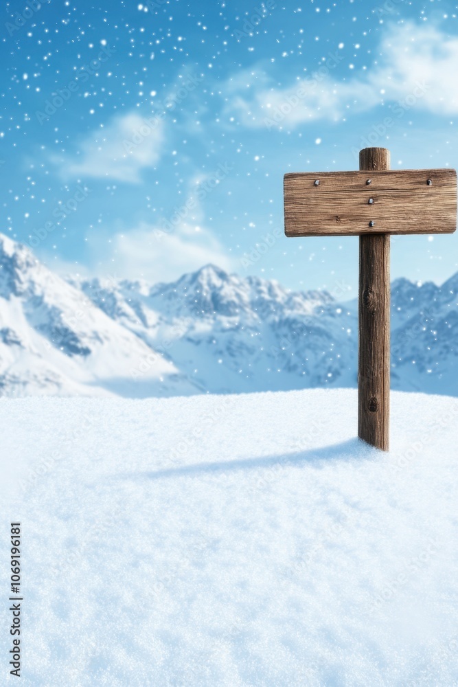Naklejka premium Snowy winter landscape with wooden signpost