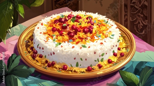 Close up of traditional Persian tahdig jeweled javaher polow featuring basmati rice with dried fruits and berries elegant presentation on rustic design plate photo