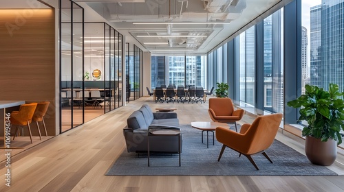 An open-plan office featuring glass partitions, fostering collaboration among employees. The contemporary design elements create a modern and dynamic work environment. photo