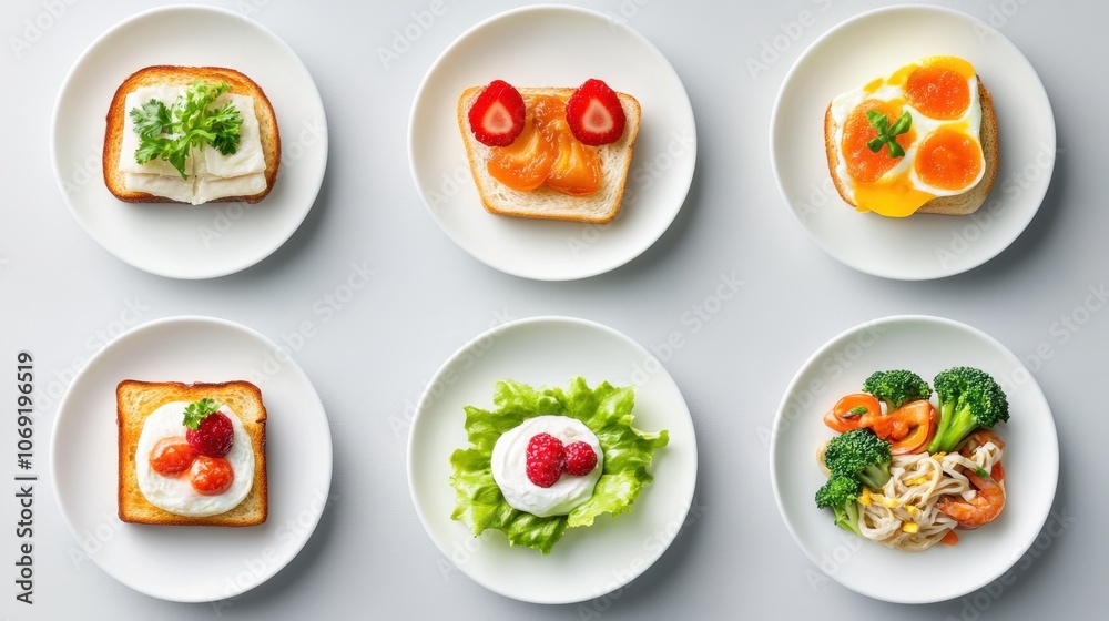Variety of healthy and delicious breakfast and snack options on white plates