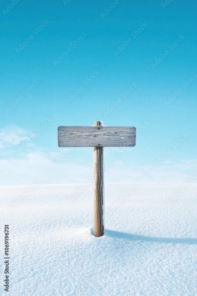 Naklejka premium Wooden sign post in snowy landscape against clear blue sky