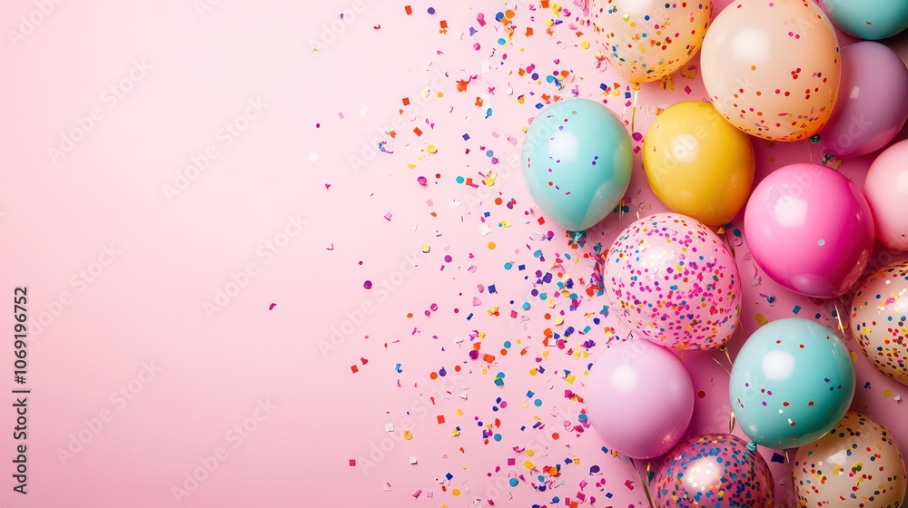 Colorful balloons and confetti on a pastel background, perfect for celebrations. Colorful balloons and confetti on a pastel background, perfect for celebrations.