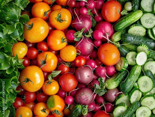 An overhead view of a colorful medley of vegetables, including cherry tomatoes, cucumbers, and radishes, creating a vibrant and healthy display