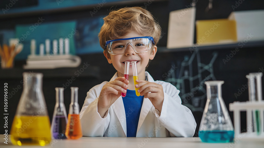 Young chemist happily holds two test tubes during a school laboratory experiment Young chemist happily holds two test tubes during a school laboratory experiment