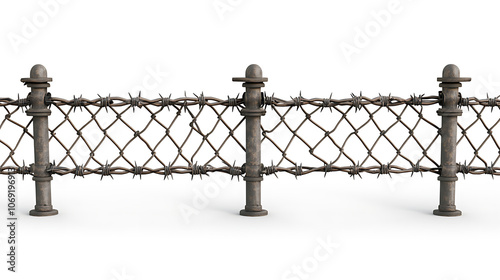 Metal fence with barbed wire isolated on a white background