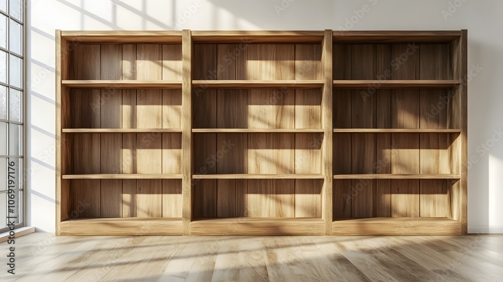 Blank wooden bookshelf, 3D rendering, emphasizing clean lines and natural wood grain. The minimalist design highlights the bookshelf’s versatility and readiness for personalization. Blank wooden bookshelf, 3D rendering, emphasizing clean lines and natural wood grain. The minimalist design highlights the bookshelf’s versatility and readiness for personalization.