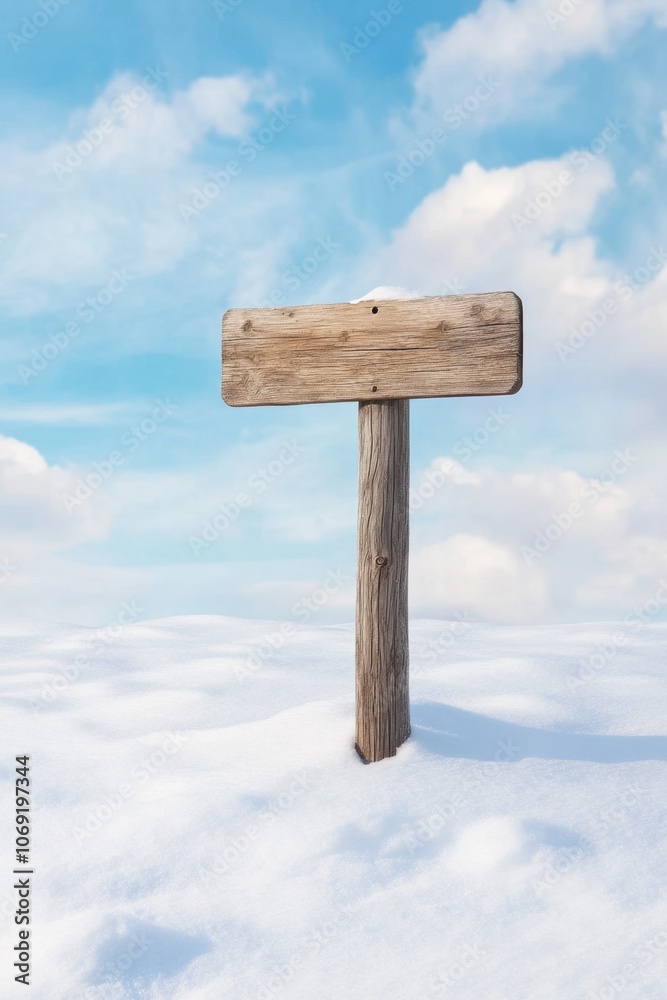 Wooden sign post in snowy landscape against blue sky with clouds Wooden sign post in snowy landscape against blue sky with clouds