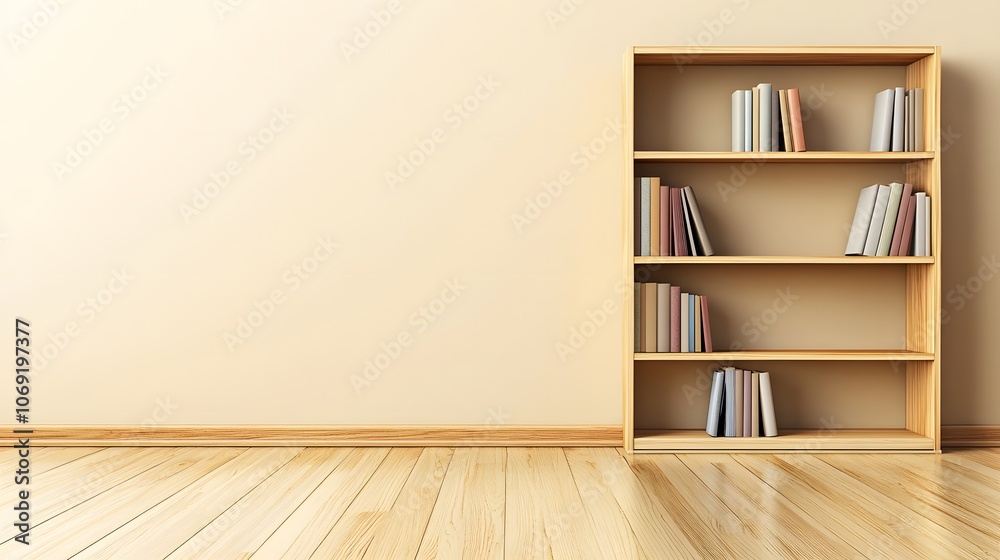 Blank wooden bookshelf, 3D rendering, emphasizing clean lines and natural wood grain. The minimalist design highlights the bookshelf’s versatility and readiness for personalization. Blank wooden bookshelf, 3D rendering, emphasizing clean lines and natural wood grain. The minimalist design highlights the bookshelf’s versatility and readiness for personalization.