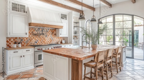 Kitchen with White Cabinets, Tile Backsplash, and Island Seating