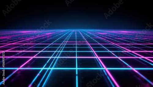 Abstract background with a neon blue and purple grid on a black background Abstract, dark, glowing digital technology wallpaper Generative AI