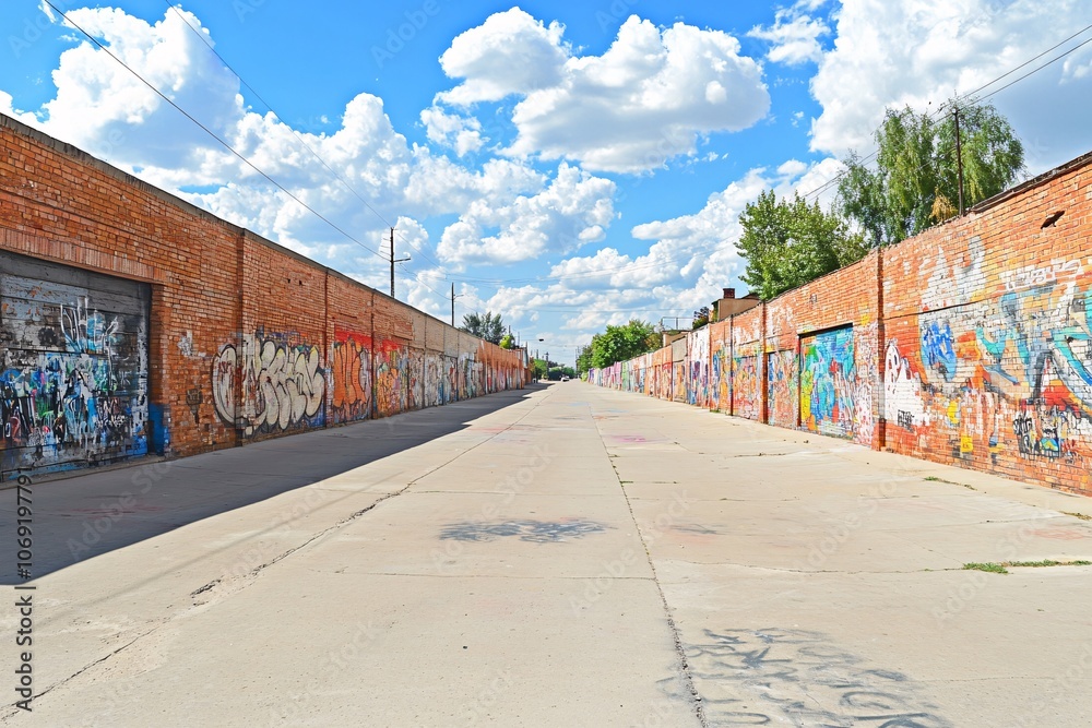 Vibrant Graffiti Walls Line a Narrow Street in an Urban Setting Vibrant Graffiti Walls Line a Narrow Street in an Urban Setting