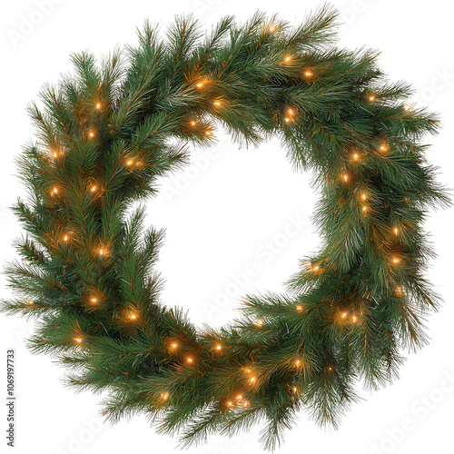 Decorative green wreath adorned with warm white lights, perfect for holiday celebrations at home. Isolated on transparent background, png.