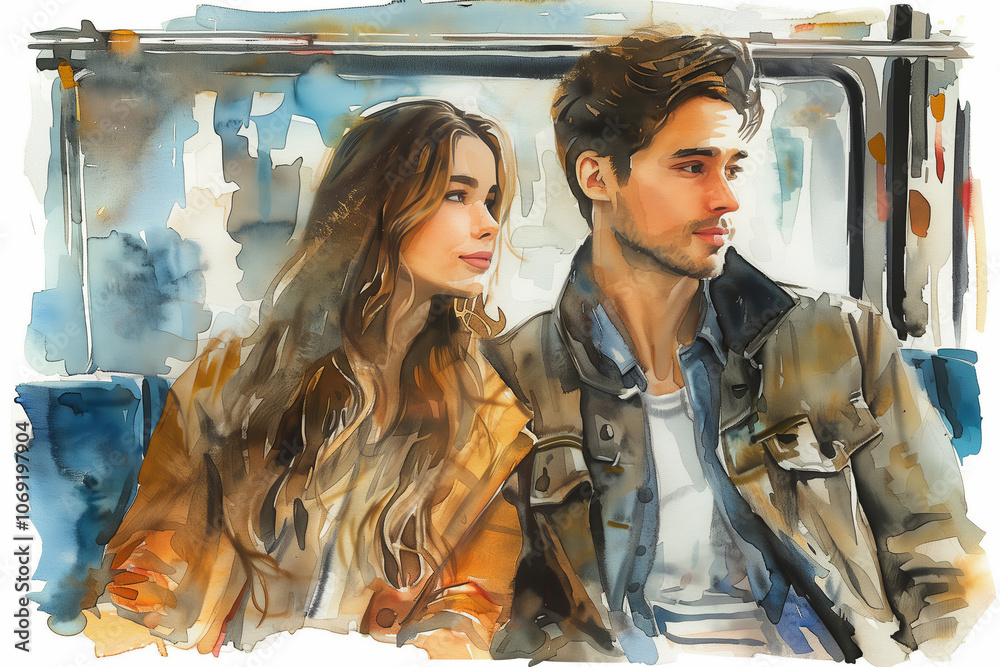Obraz premium Watercolor painting of man and woman traveling by electric train.