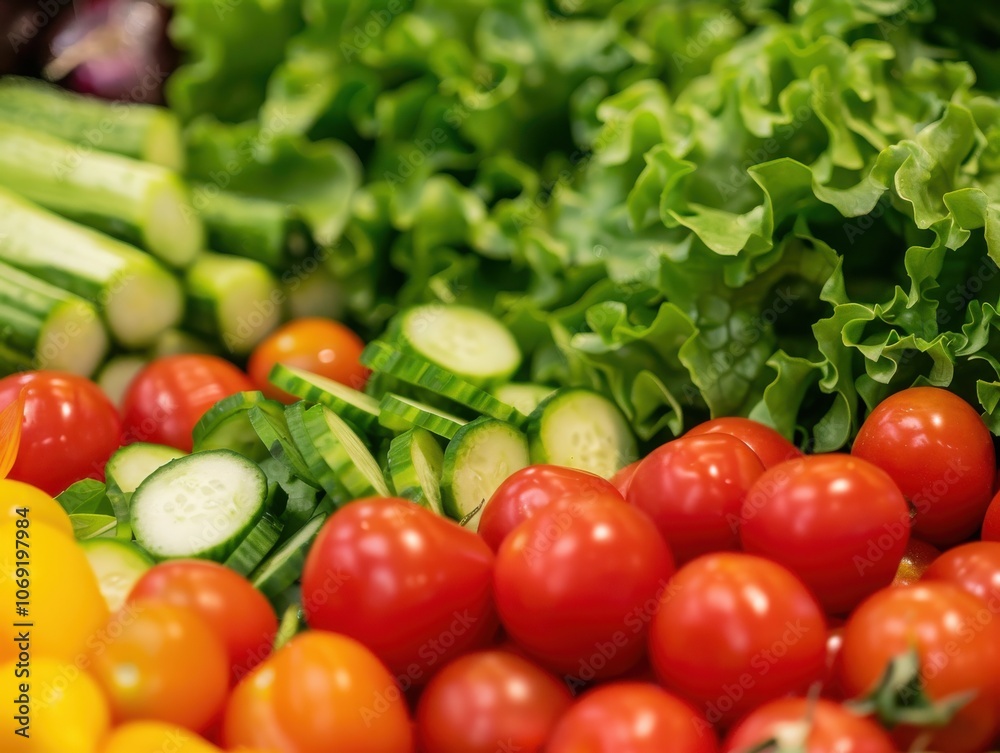 An overhead view of a colorful medley of vegetables, including cherry tomatoes, cucumbers, and radishes, creating a vibrant and healthy display