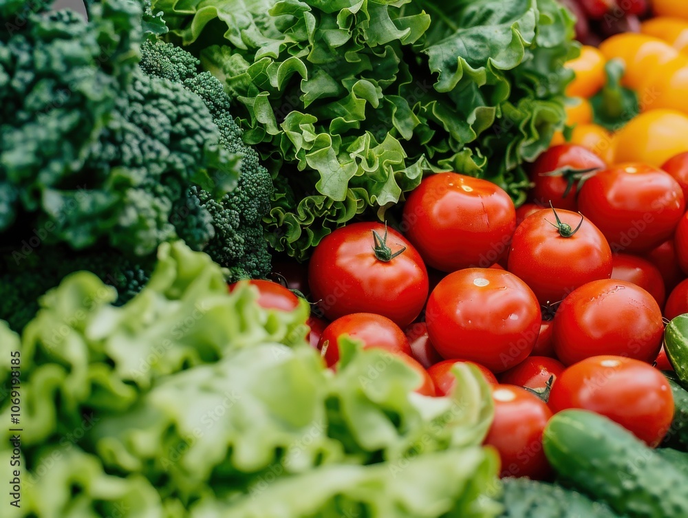 An overhead view of a colorful medley of vegetables, including cherry tomatoes, cucumbers, and radishes, creating a vibrant and healthy display An overhead view of a colorful medley of vegetables, including cherry tomatoes, cucumbers, and radishes, creating a vibrant and healthy display