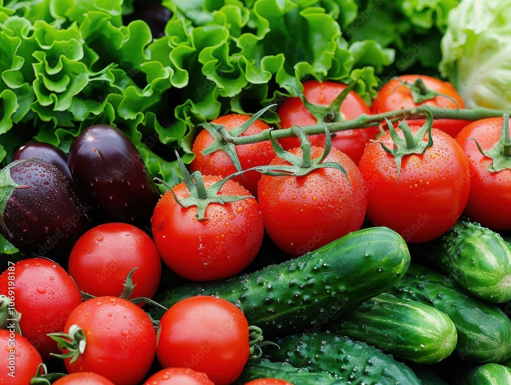 An overhead view of a colorful medley of vegetables, including cherry tomatoes, cucumbers, and radishes, creating a vibrant and healthy display An overhead view of a colorful medley of vegetables, including cherry tomatoes, cucumbers, and radishes, creating a vibrant and healthy display