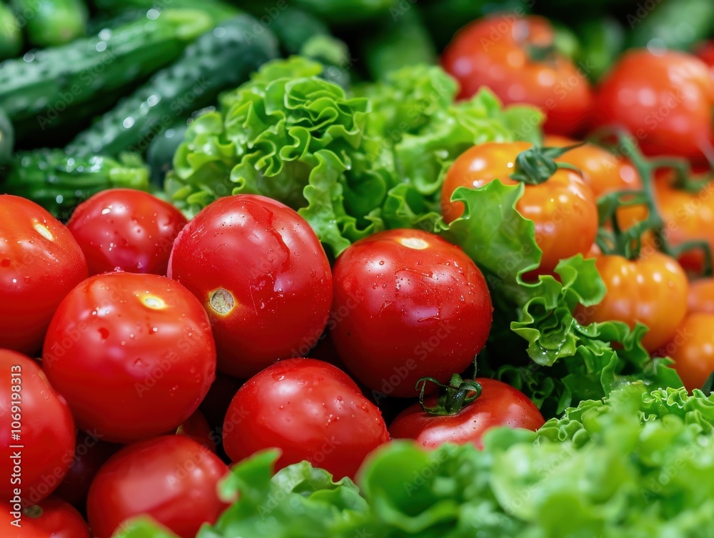 An overhead view of a colorful medley of vegetables, including cherry tomatoes, cucumbers, and radishes, creating a vibrant and healthy display An overhead view of a colorful medley of vegetables, including cherry tomatoes, cucumbers, and radishes, creating a vibrant and healthy display