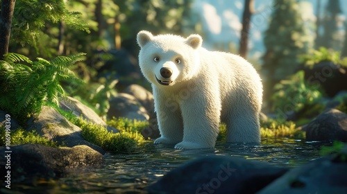 Kermode bear with striking white fur in lush Great Bear Rainforest showcasing the beauty of its natural habitat photo