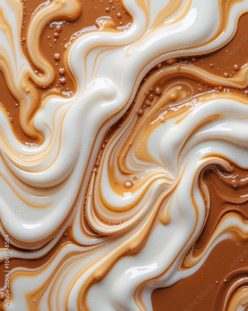 Abstract close-up of caramel and cream swirled together, creating a rich, smooth pattern with delicate, decorative beads on top. Abstract close-up of caramel and cream swirled together, creating a rich, smooth pattern with delicate, decorative beads on top.