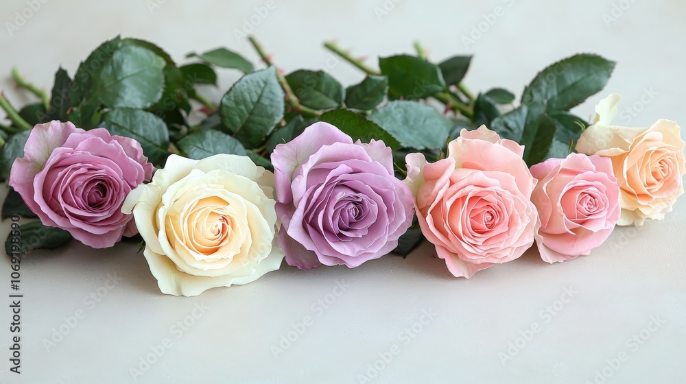 Elegant assortment of pastel roses arranged beautifully on a light background Elegant assortment of pastel roses arranged beautifully on a light background