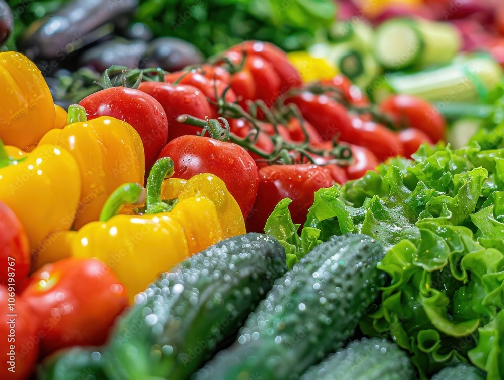 An overhead view of a colorful medley of vegetables, including cherry tomatoes, cucumbers, and radishes, creating a vibrant and healthy display