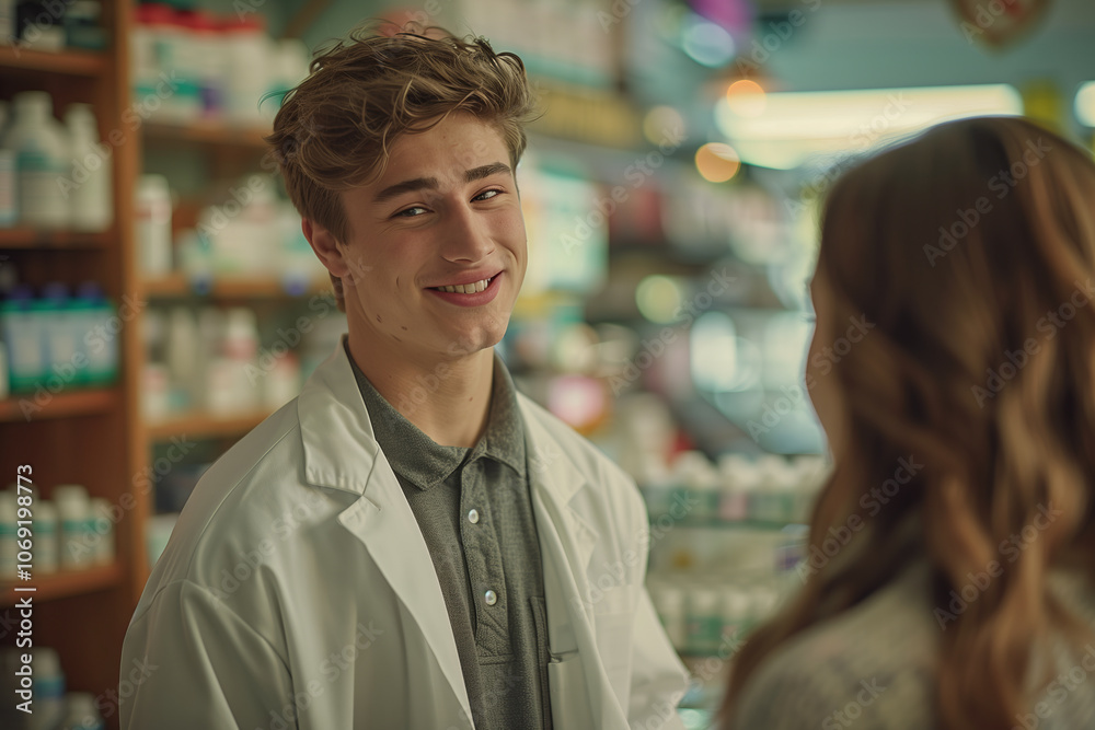 Caucasian male pharmacist talking with customer in pharmacy. Caucasian male pharmacist talking with customer in pharmacy.