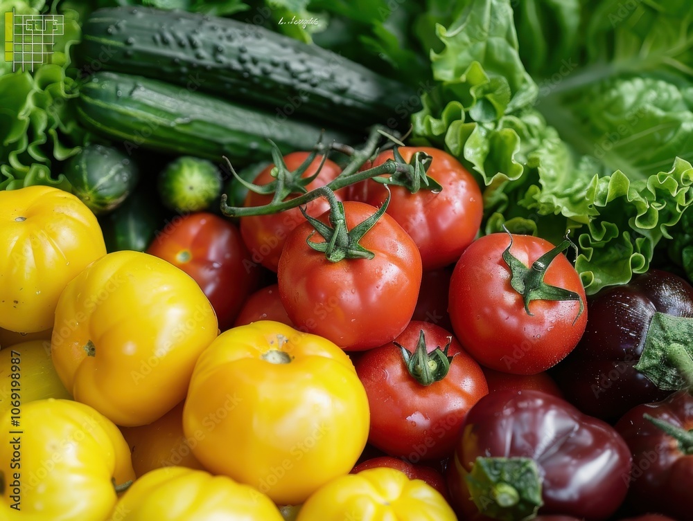 An overhead view of a colorful medley of vegetables, including cherry tomatoes, cucumbers, and radishes, creating a vibrant and healthy display An overhead view of a colorful medley of vegetables, including cherry tomatoes, cucumbers, and radishes, creating a vibrant and healthy display