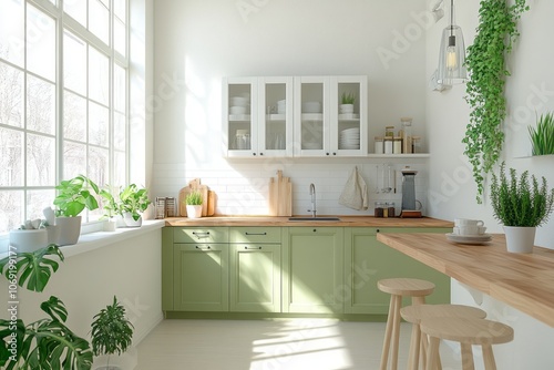 Modern Kitchen with Green Cabinets and Greenery