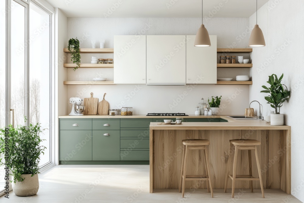 Modern Kitchen Interior with Green Cabinets and Wooden Island Modern Kitchen Interior with Green Cabinets and Wooden Island
