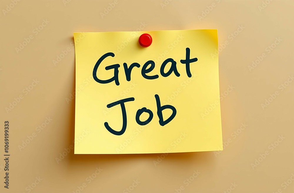 Great Job words written on yellow stick note and pinned to wall Great Job words written on yellow stick note and pinned to wall