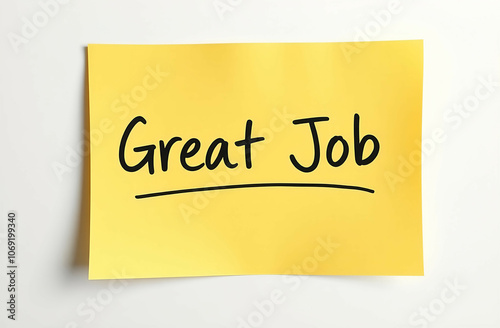 Motivation, Great Job words written on yellow sticky note isolated on white background