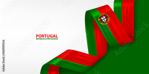 Portugal 3D ribbon flag. Bent waving 3D flag in colors of the Portugal national flag. National flag background design.