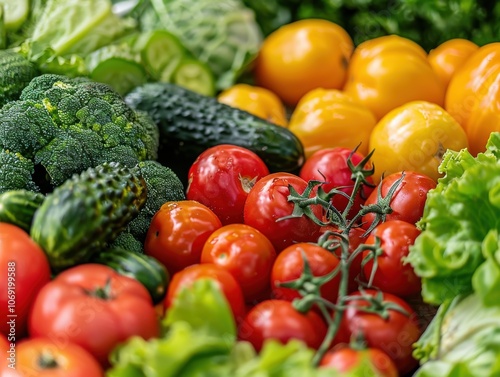 An overhead view of a colorful medley of vegetables, including cherry tomatoes, cucumbers, and radishes, creating a vibrant and healthy display