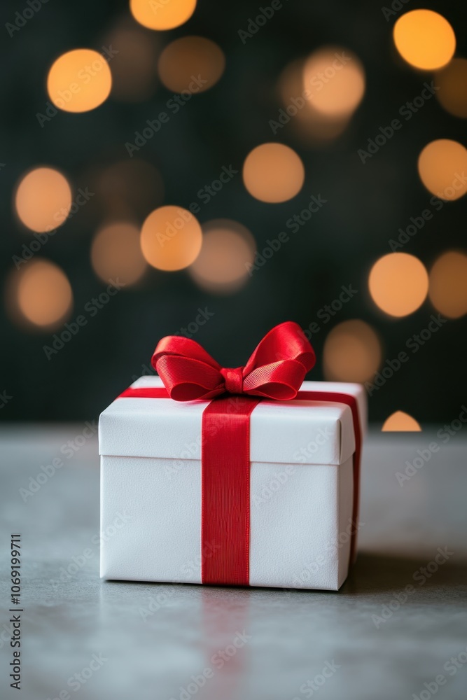A white gift box with a red ribbon bow on a dark background with blurred holiday lights A white gift box with a red ribbon bow on a dark background with blurred holiday lights