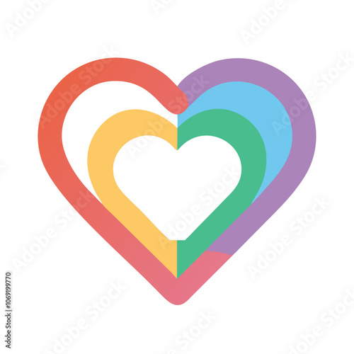 Layered Multicolor Heart Icon with White Center, A layered heart icon featuring rainbow colors and a white center, representing love, diversity, inclusivity, and unity, ideal for themes of compassion 