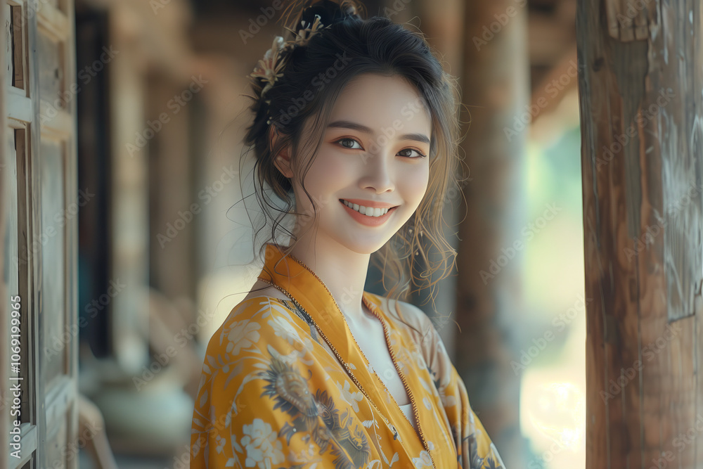 Asian woman smiling with confidence in rural village. Asian woman smiling with confidence in rural village.