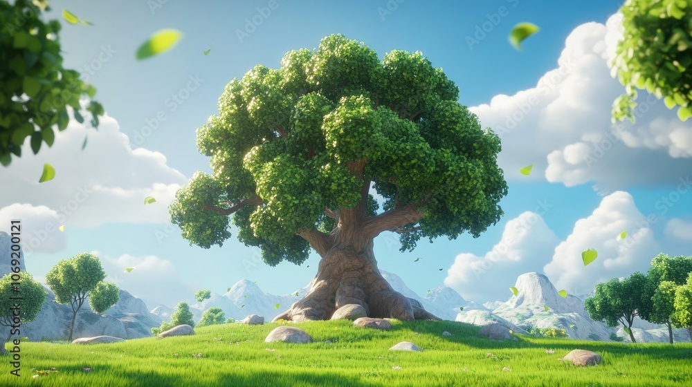 Majestic big tree towering over a vibrant green grass field ideal for outdoor relaxation and nature photography Majestic big tree towering over a vibrant green grass field ideal for outdoor relaxation and nature photography