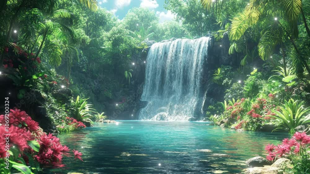 Immerse yourself in the tranquility of a vibrant tropical paradise featuring a stunning waterfall and colorful flora. seamless looping 4K time-lapse virtual video animation background