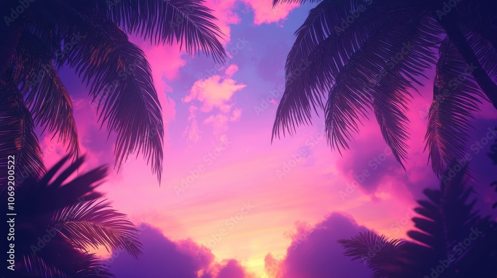 Panoramic view of palm tree leaves silhouetted against a stunning sunset sky with pink and violet clouds summer landscape nature photography Panoramic view of palm tree leaves silhouetted against a stunning sunset sky with pink and violet clouds summer landscape nature photography