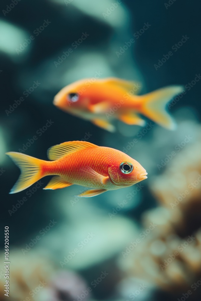 Vibrant orange fish swimming in a blue-green underwater environment Vibrant orange fish swimming in a blue-green underwater environment